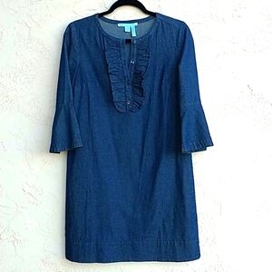 DRAPER JAMES Chambray Ruffle Front Bell Sleeve Shift Dress Size 2